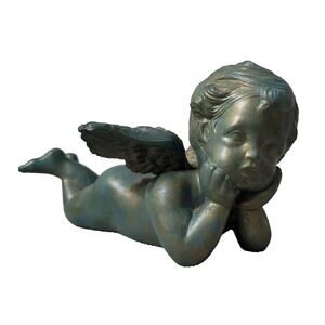 Vintage 1988 Ceramic Bisque Cherub on Belly Angel Green Teal Copper Painted